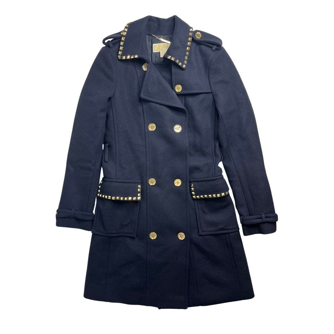 5-48 MICHAEL KORS Women's RUNWAY SAMPLE Pea Coat Gold Metal 80% Wool Navy Small