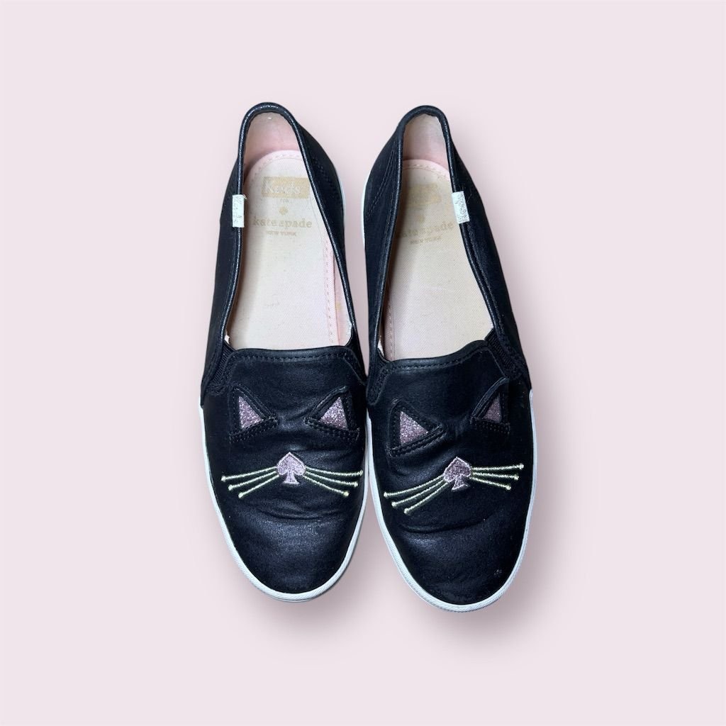 Kate Spade x Keds Women's Black Cat Slip-On Shoes Size 5 Casual Flats