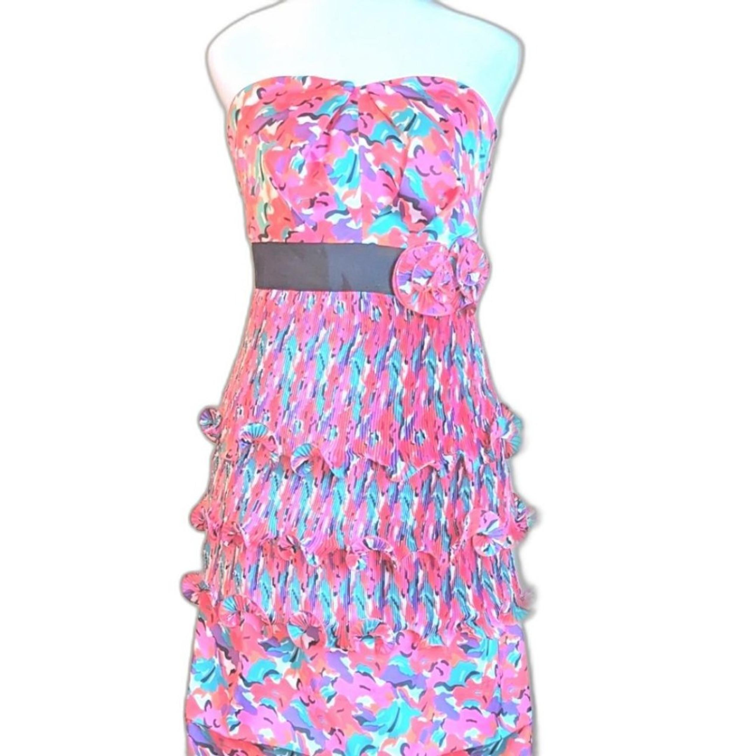 Phoebe Couture Floral Ruffled Belted Strapless Cocktail Midi Dress Size 12