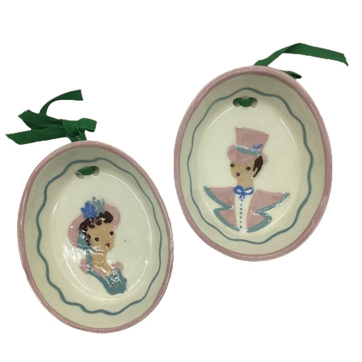 Cleminson Pottery Oval Wall 2 Plaques Vintage 1950 Hand Paint Pink Blue Ceramic