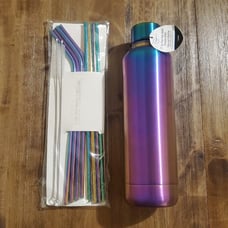 NWT Mainstays Rainbow Chroma Stainless Steel Double Wall Water Bottle & Straws
