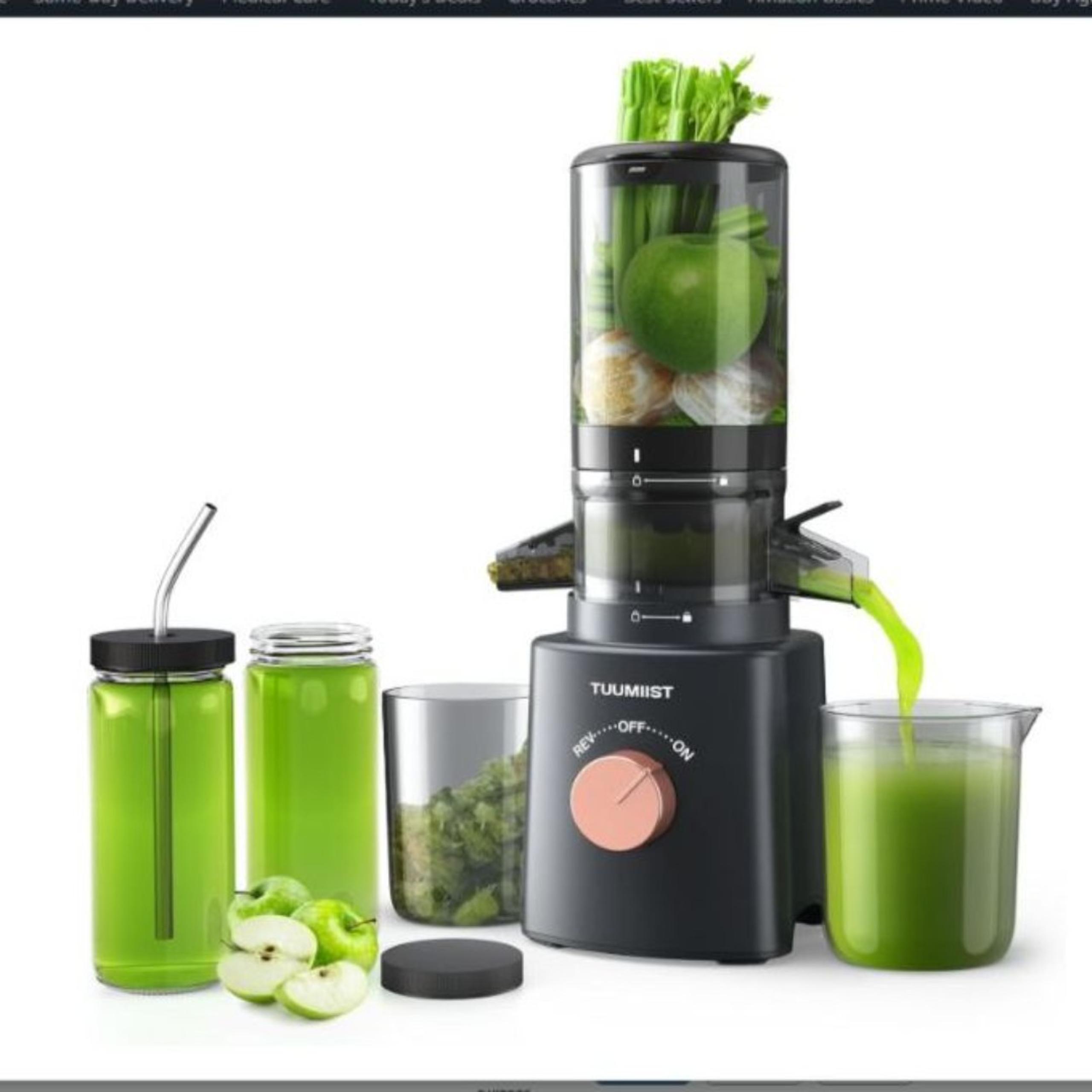 Cold Press Juicer Machine + 8 Bottles –Masticating, Large Chute,Easy Clean –Grey