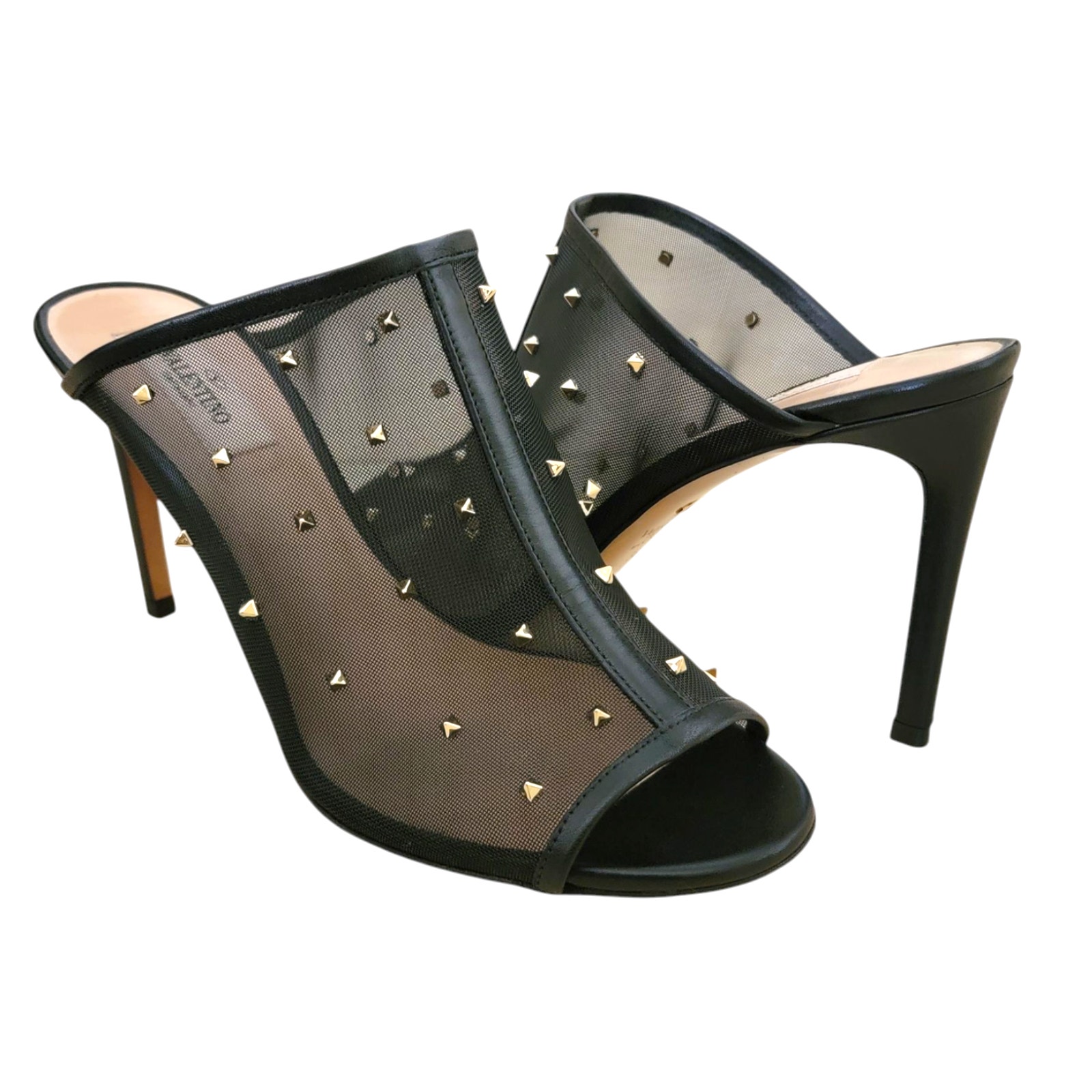 Valentino Rockstud Sandals Mules Black Heels Mesh Leather Stud 8 38 Slip On