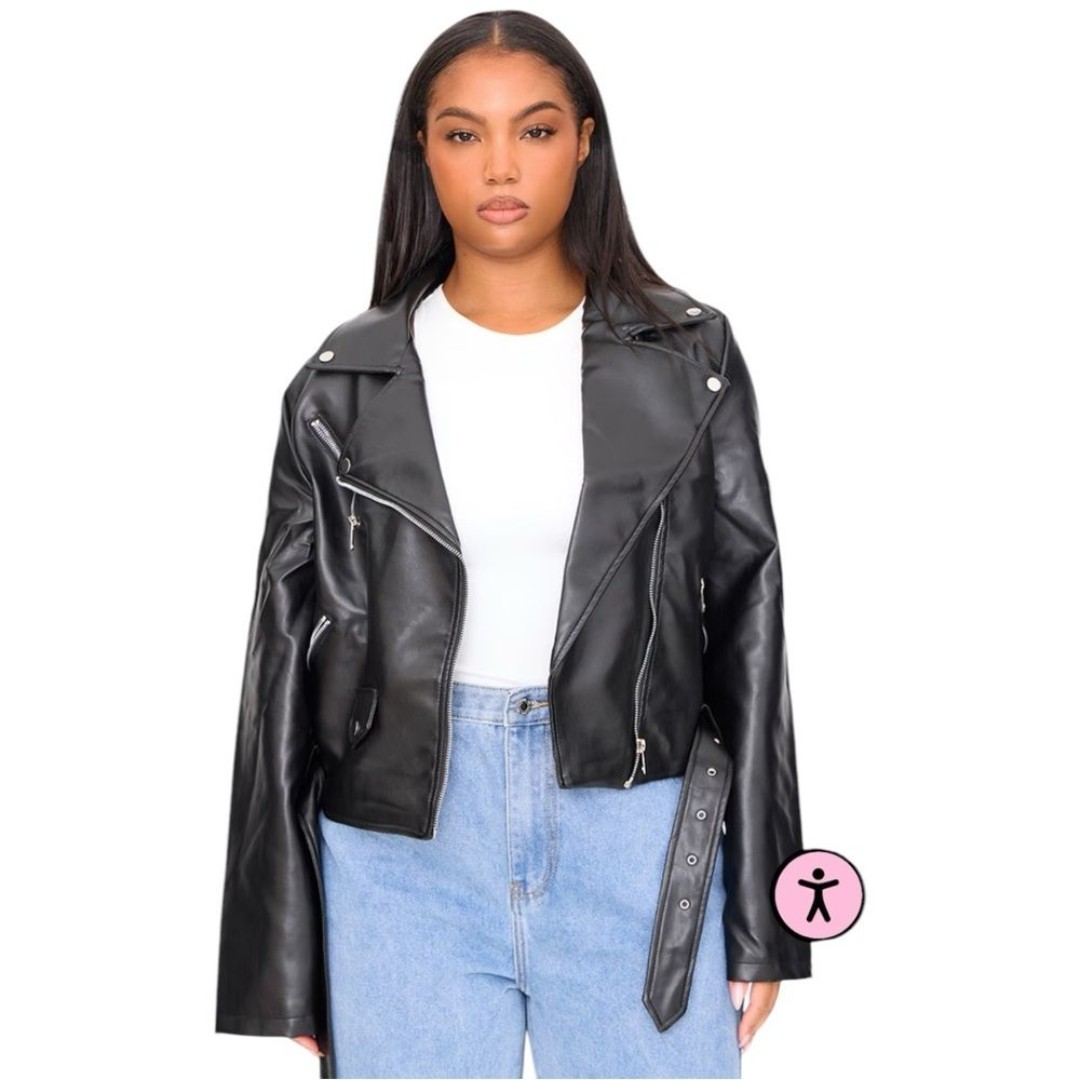 PrettyLittleThing Plus Black Faux Leather Zip Detail Biker Jacket Size 2X