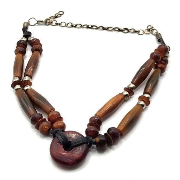 Vintage 60s Acrylic Wooden Bead Choker Necklace Handmade Adjustable Chain 19in