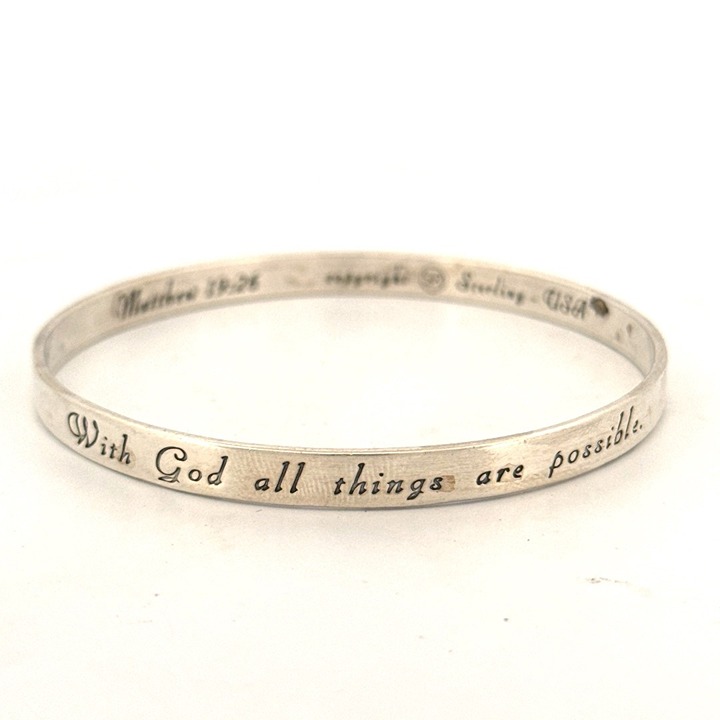 Vintage Estate Matthew 19:26 Engraved Sterling Silver Bangle Bracelet USA 8.5