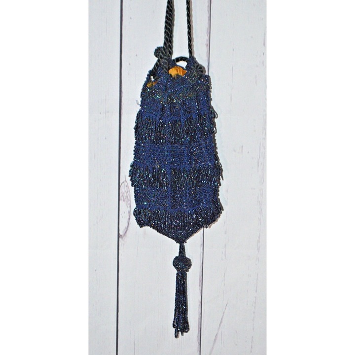 Blue Seed Bead Fringe Flapper Pouch Purse Antique Vintage Victorian Edwardian