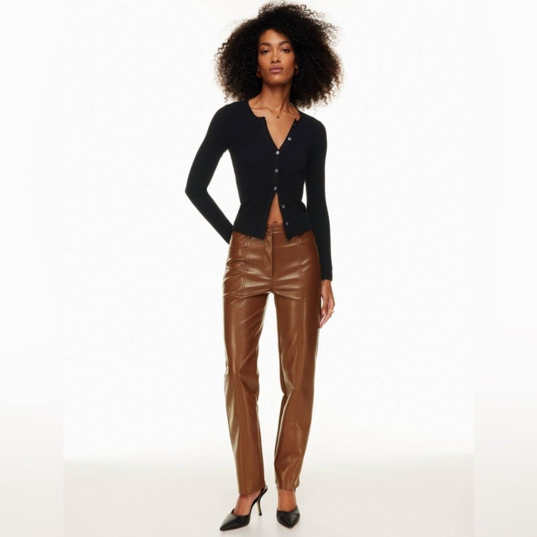 ARITZIA WILFRED Rebel Faux Leather Pants High Rise Straight Leg 90s Moto Cognac