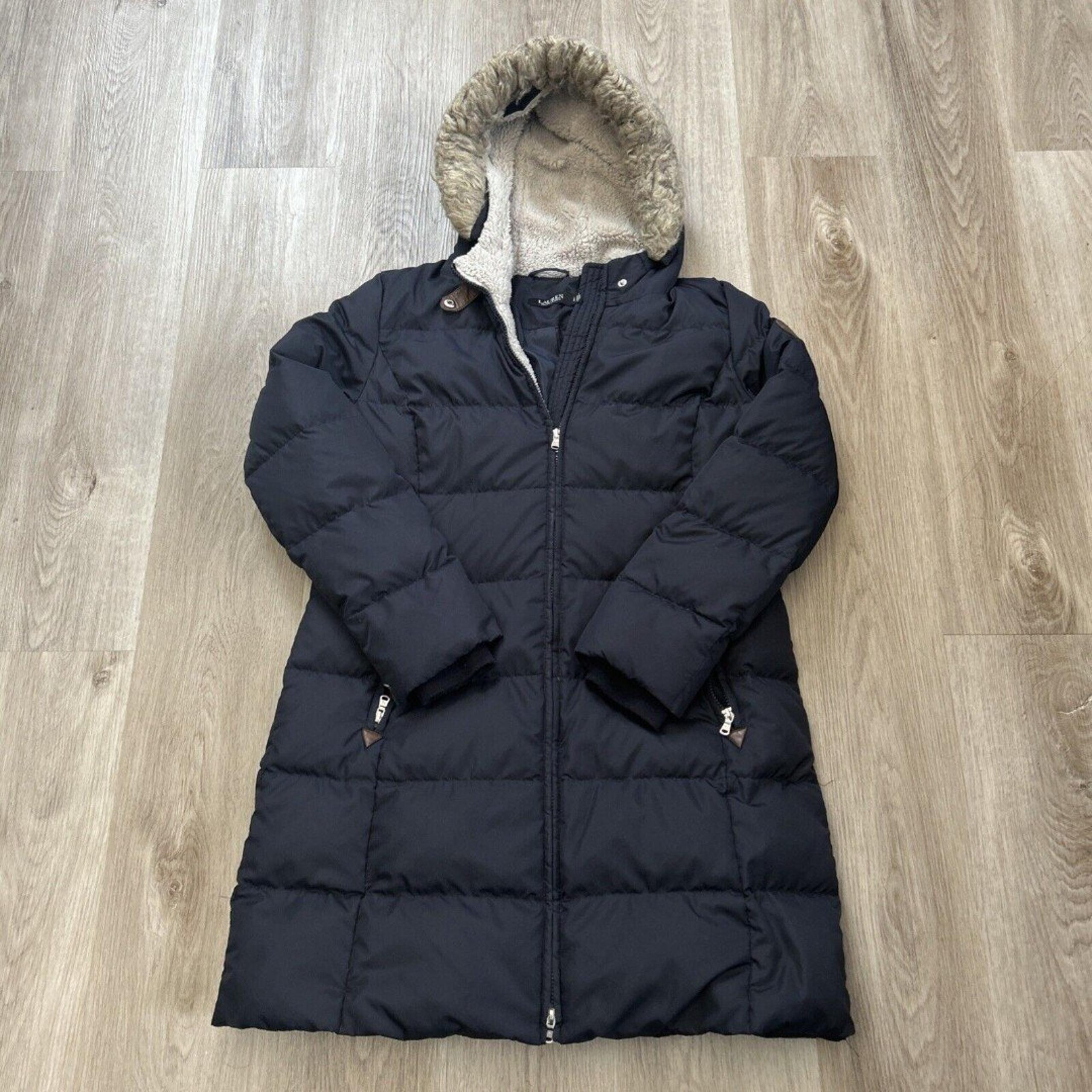 Lauren Ralph Lauren Large Goose Down Puffer Coat Long Faux Fur Trim Hooded Blue