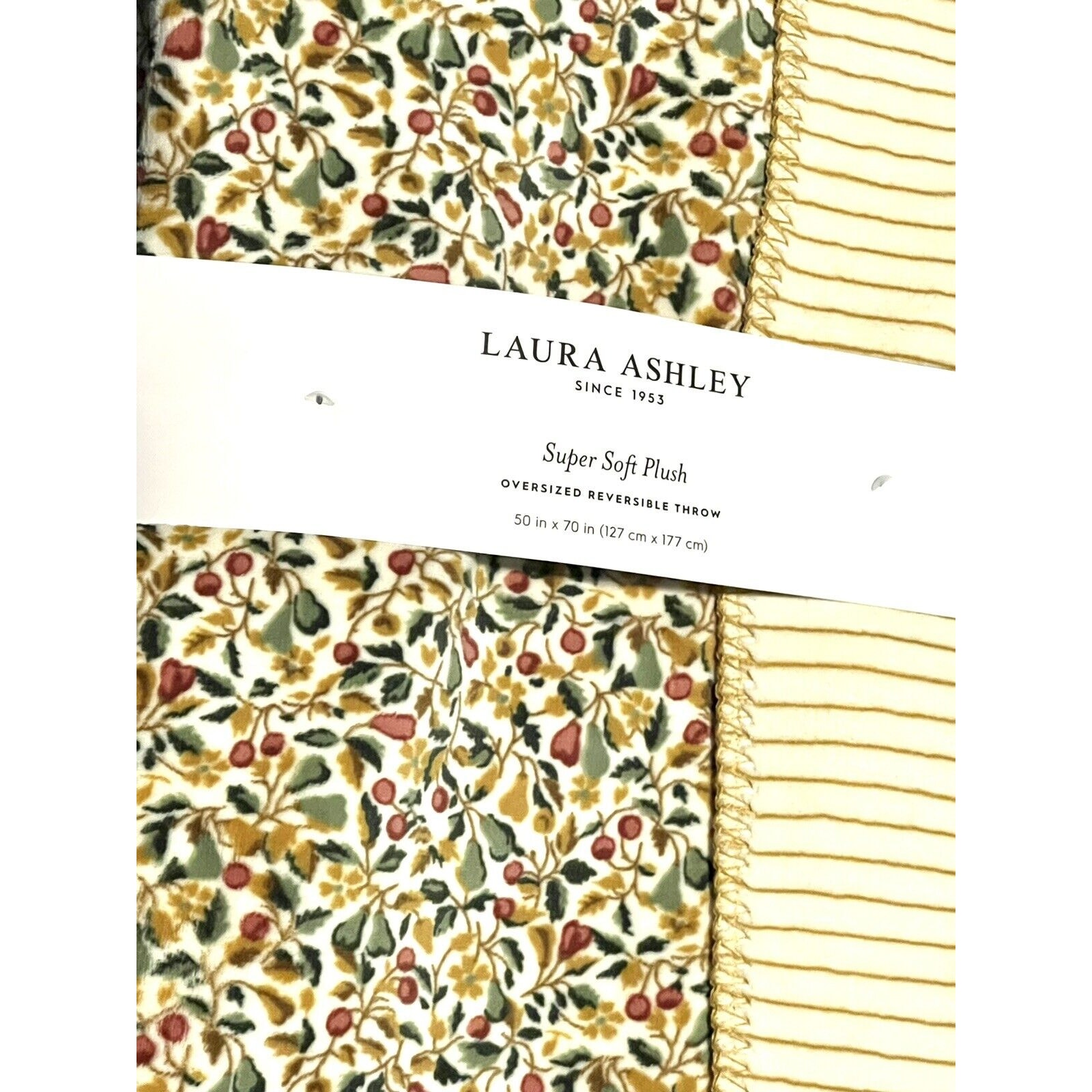 Laura Ashley Fleece Plush Throw Blanket Reversible Devrons Grove 50X70” Ochre