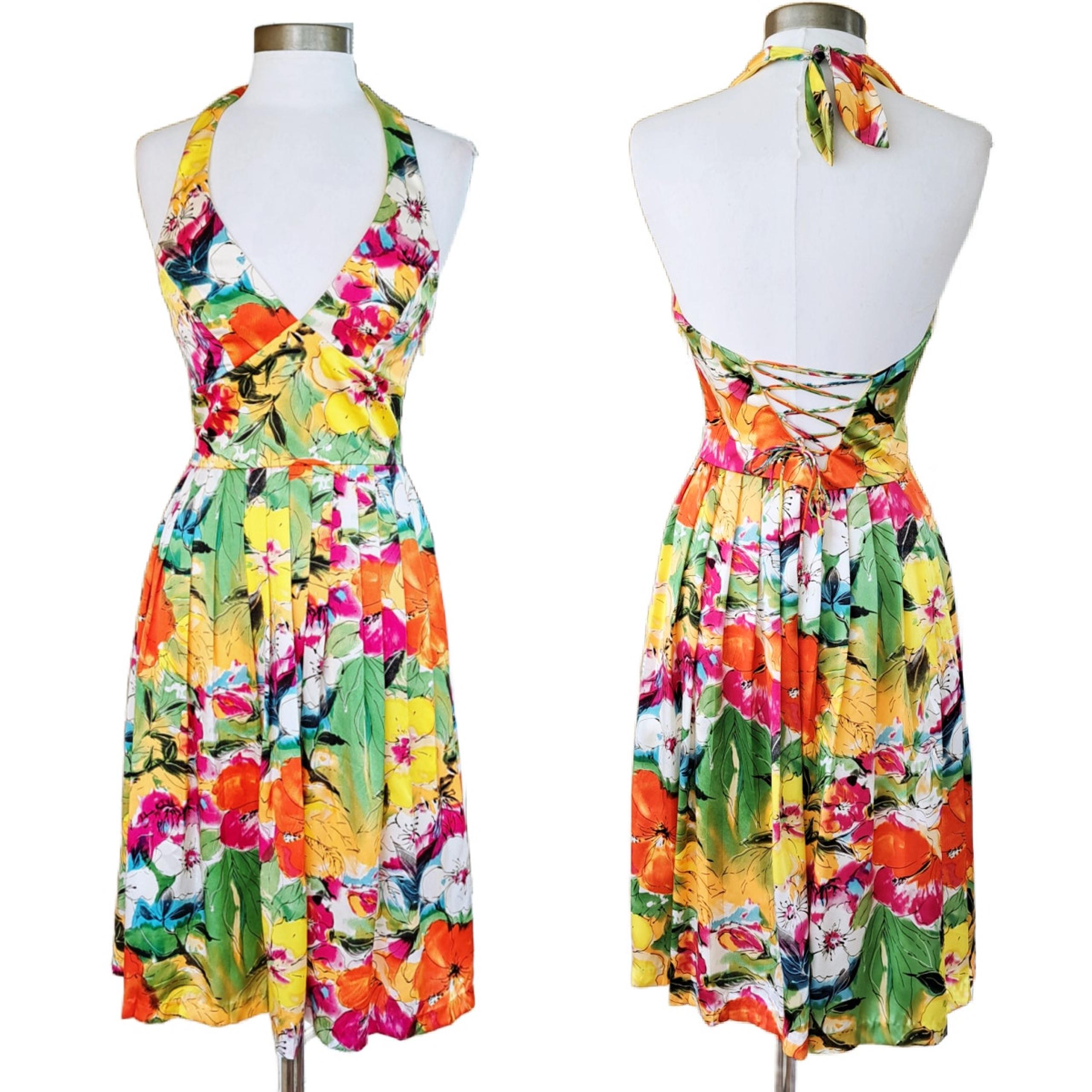 SUE WONG Tropical Floral Print Silk Pleated Halter Dress Sz 4 Party Fit & Flare