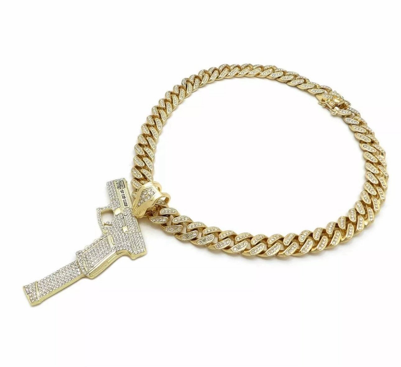 Hip Hop 37 RIP MARY Gun Pendant & 16 18 20 Full Iced Cuban Chain Necklace