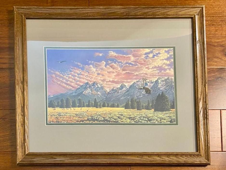 Beautiful Print Of Two Eagles Flying Above A Herd Of Deer In The Meadow