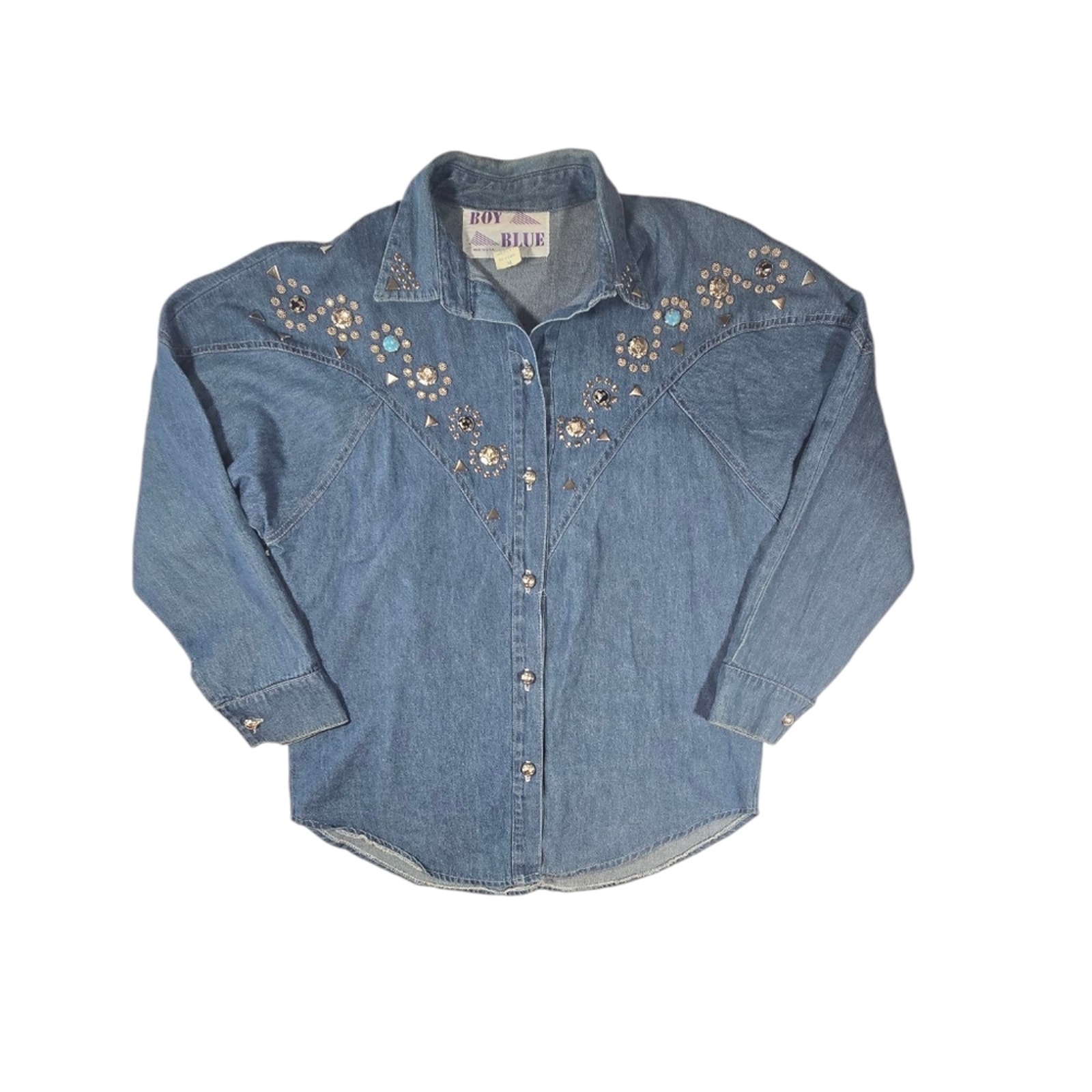 Vintage 70s Boy Blue Denim Studded Button Snap Western Shirt sz M - made in USA