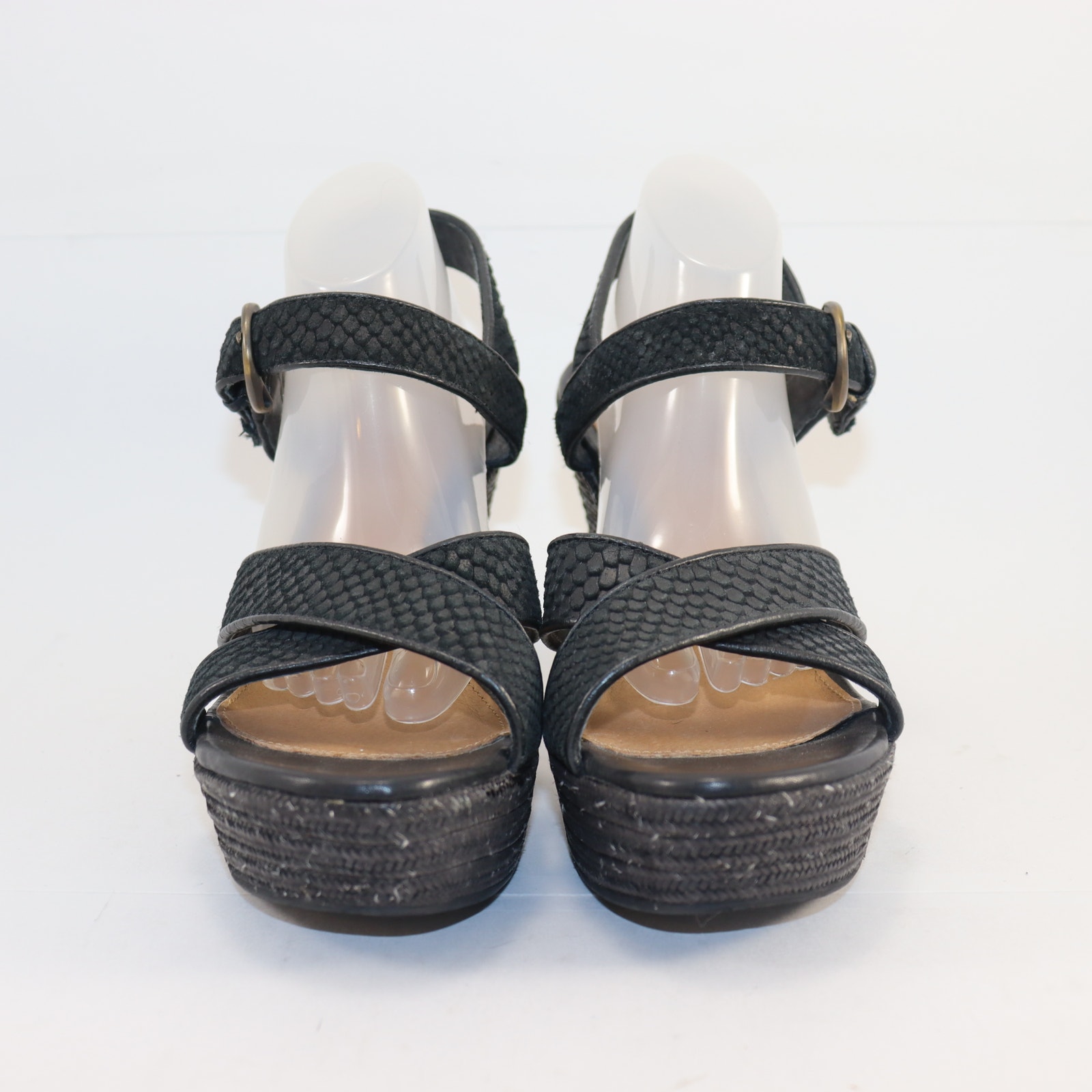 UGG Black Wedge Sandals – Size 8 Platform Heel Ankle Strap Textured Leather