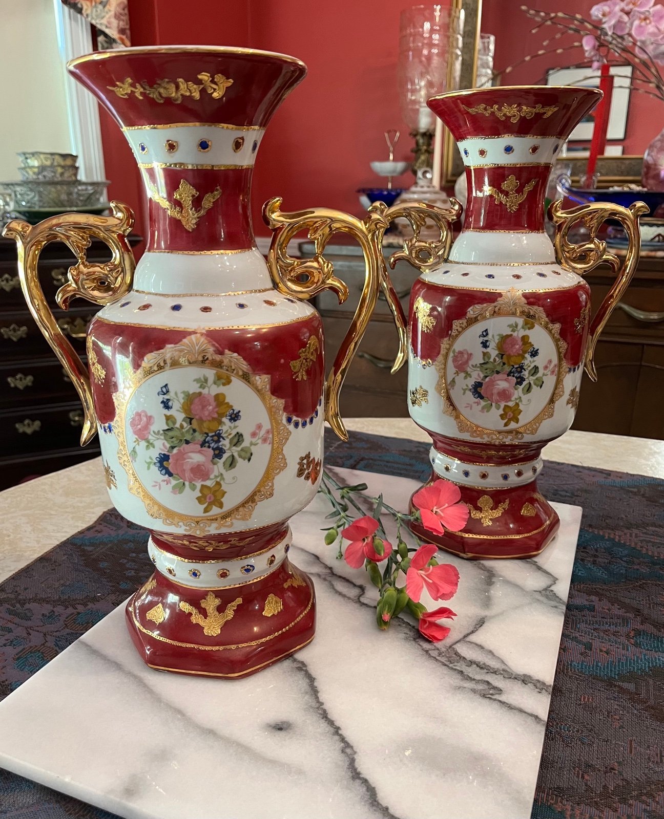 Rare Pair of 2 Vintage Tall Ornately Decorative Baluster Vase w Gilded Handles
