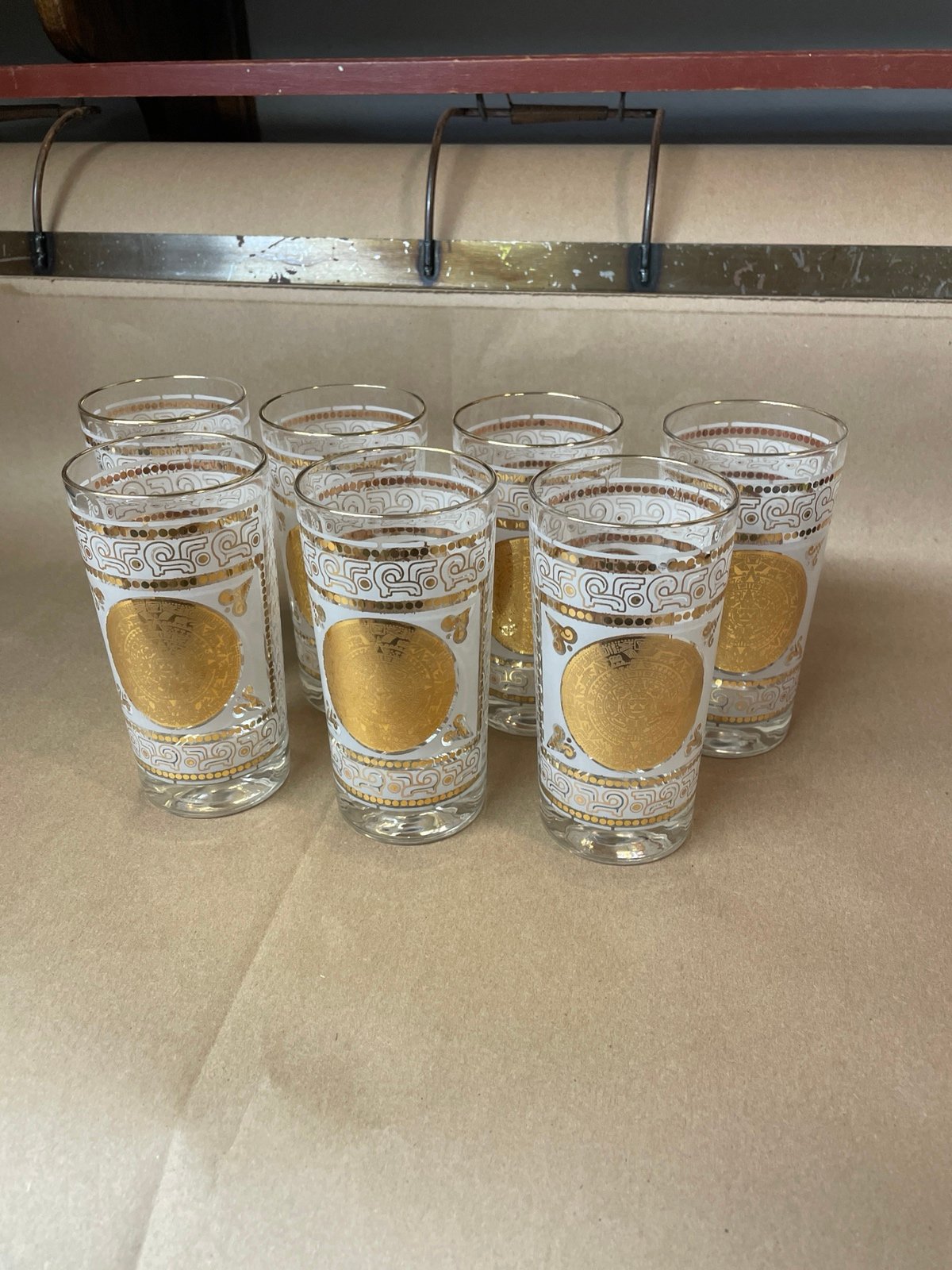 Hazel Atlas Aztec Gold Medallion Highball Glasses
