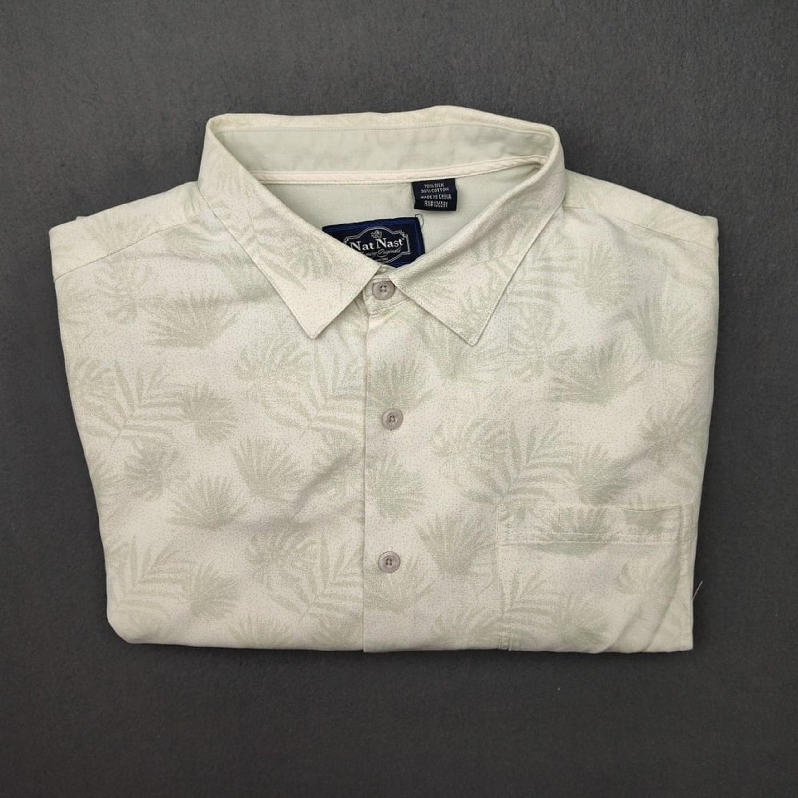 Nat Nast Shirt Mens Extra Large Beige SIlk Floral Hawaiian Stretch Button Luxury
