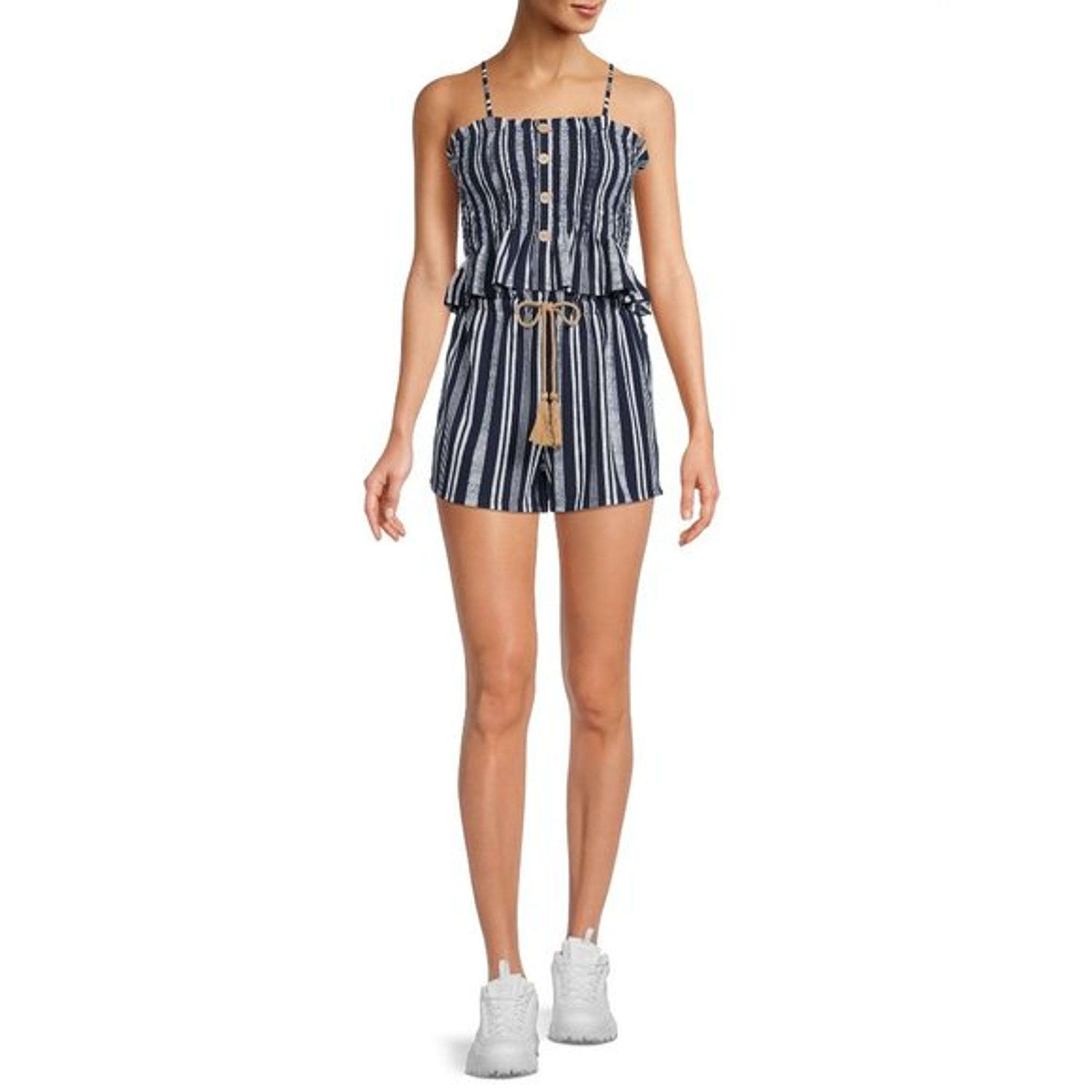 Juniors No Boundaries Smocked Tank Top & Shorts Set Navy Stripes Size Large NWT