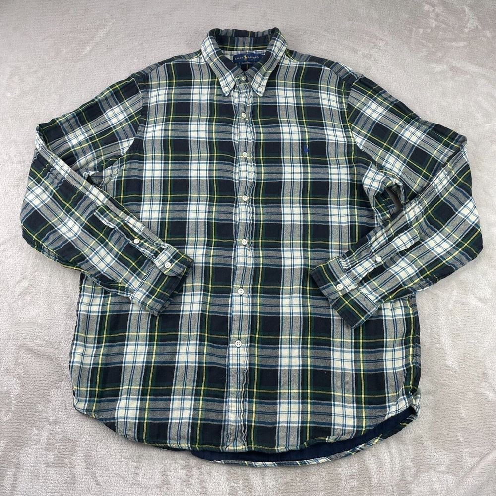 Polo Ralph Lauren Flannel Shirt Men XL Navy Tartan Plaid Classic Double Layer LS