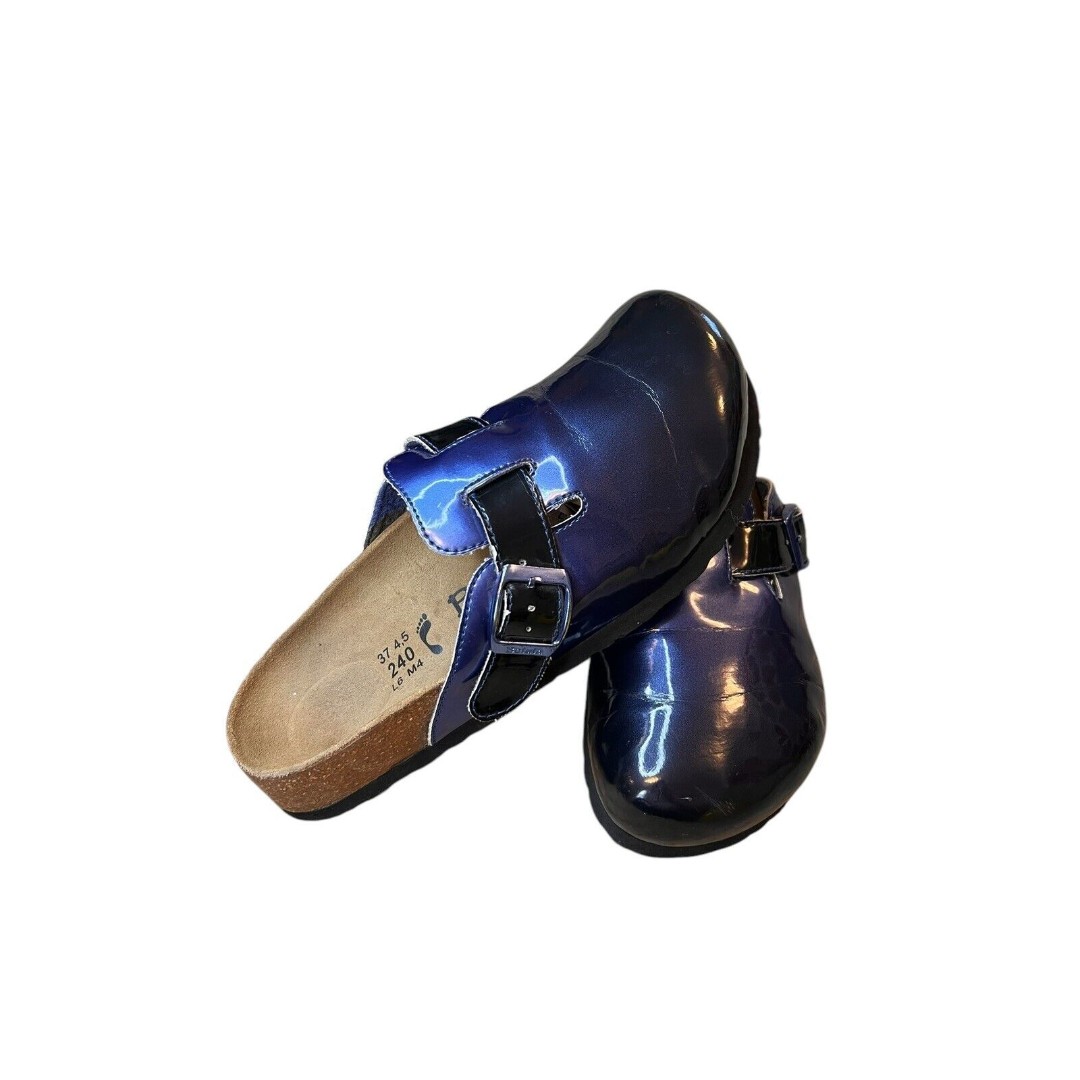 BETULA Birkenstock Sandal Womens Sz 6 Blue Black Patent Leather Mules Clogs