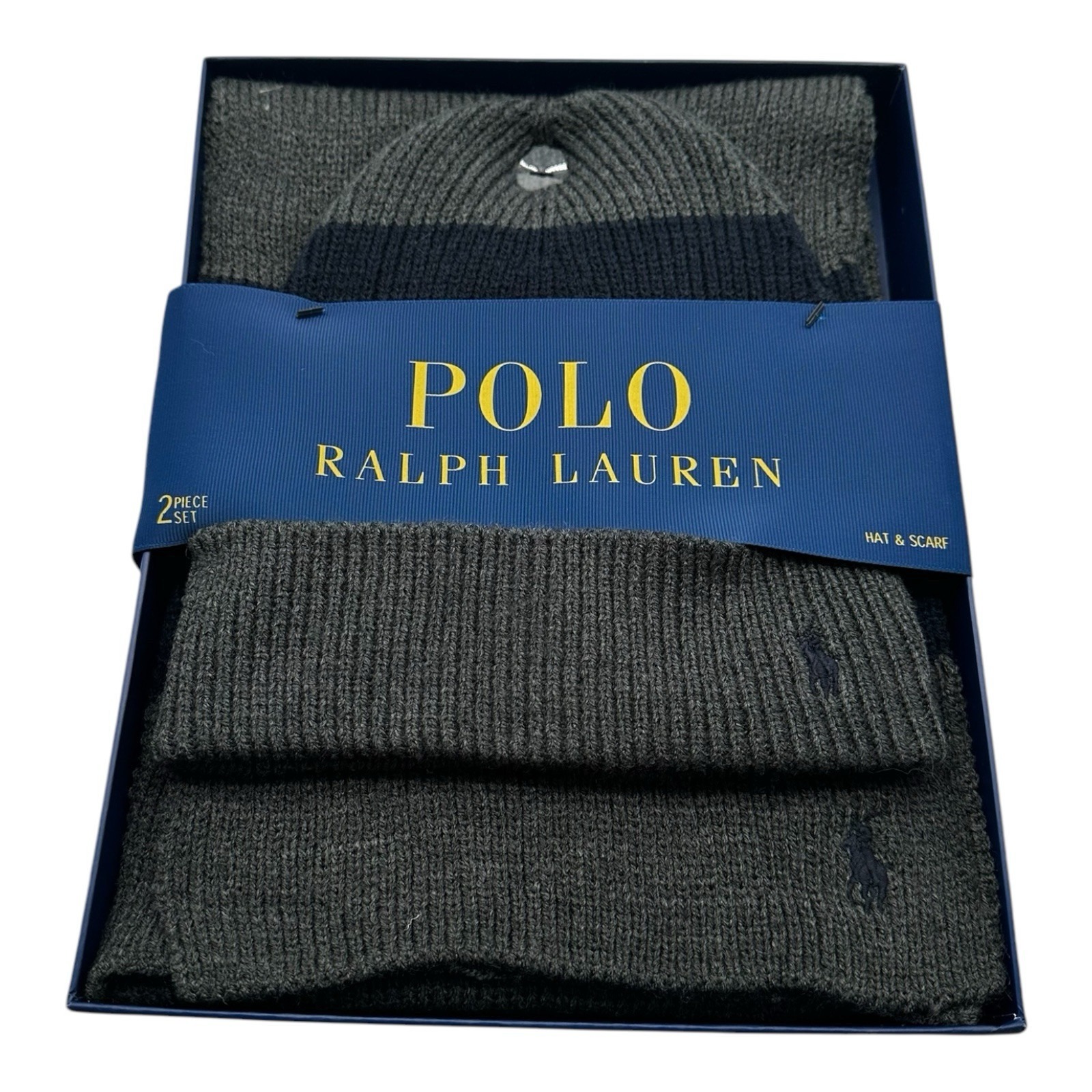 Polo Ralph Lauren Men's 2 Piece Wool Hat & Scarf Set Gray Navy Blue w/ Pony