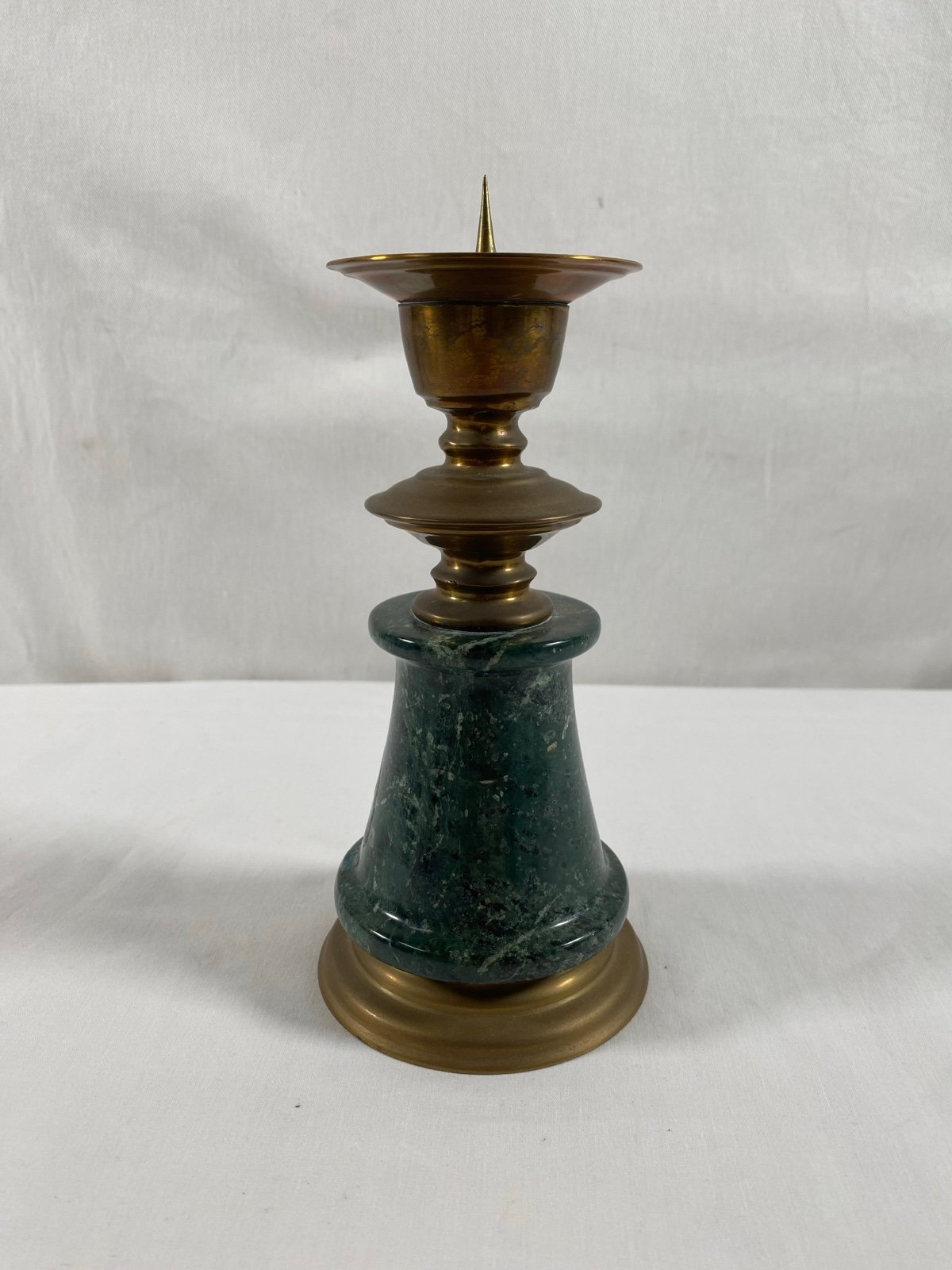 Vintage Green Marble Brass Spike Candlestick Candle Holder 7” Tall
