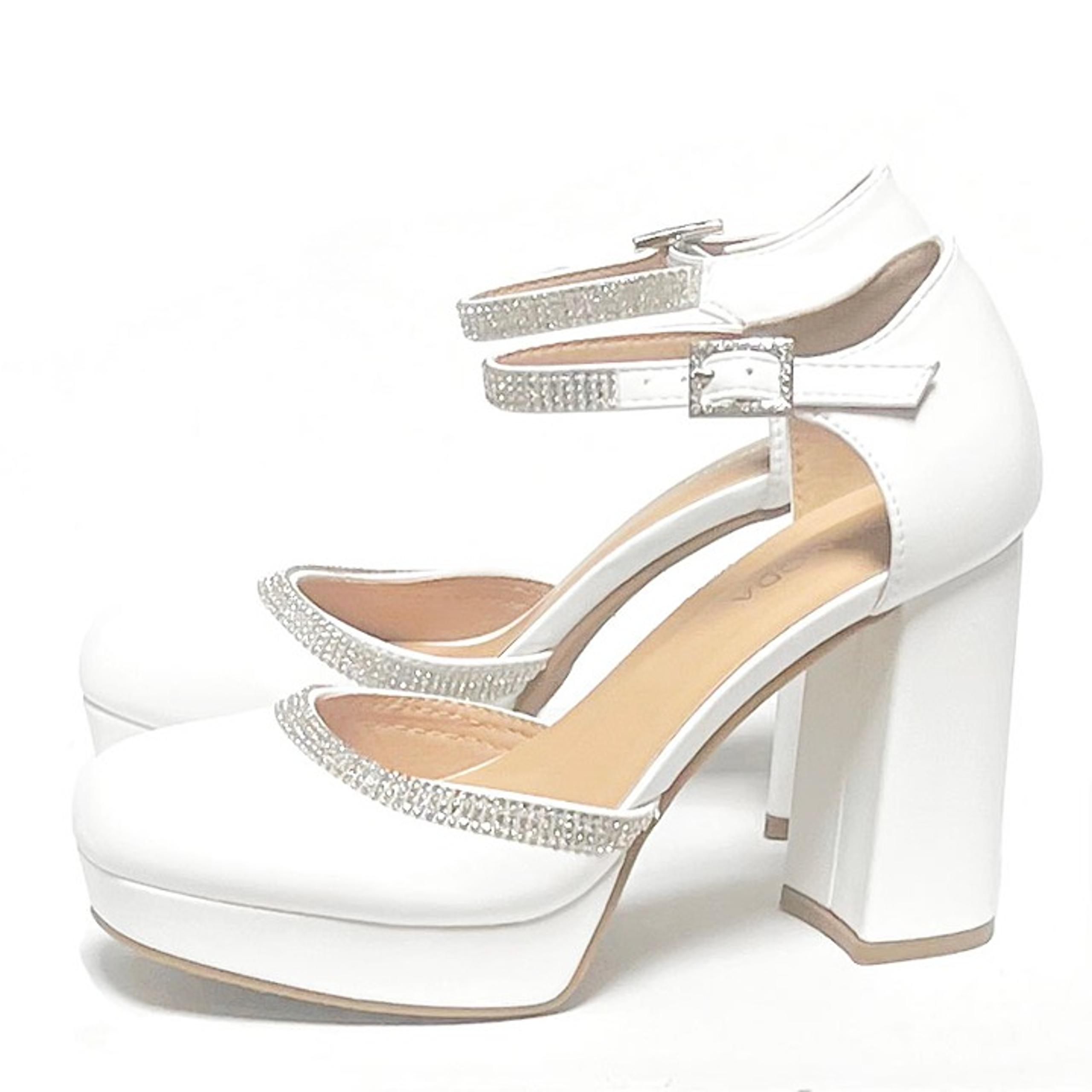 New Womens White Rhinestone Mary Jane Platform Chunky Heel Pumps Size 9