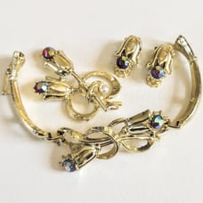 Vintage Sarah Cov Signed Gold AB Rhinestone Bracelet Brooch Earrings 3pc Set