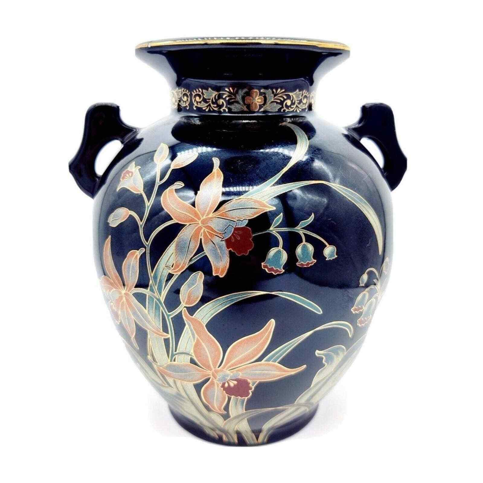 Vintage 8” Fine China Made Japan Black Vase Floral Painting Tiger Lillies Asian.