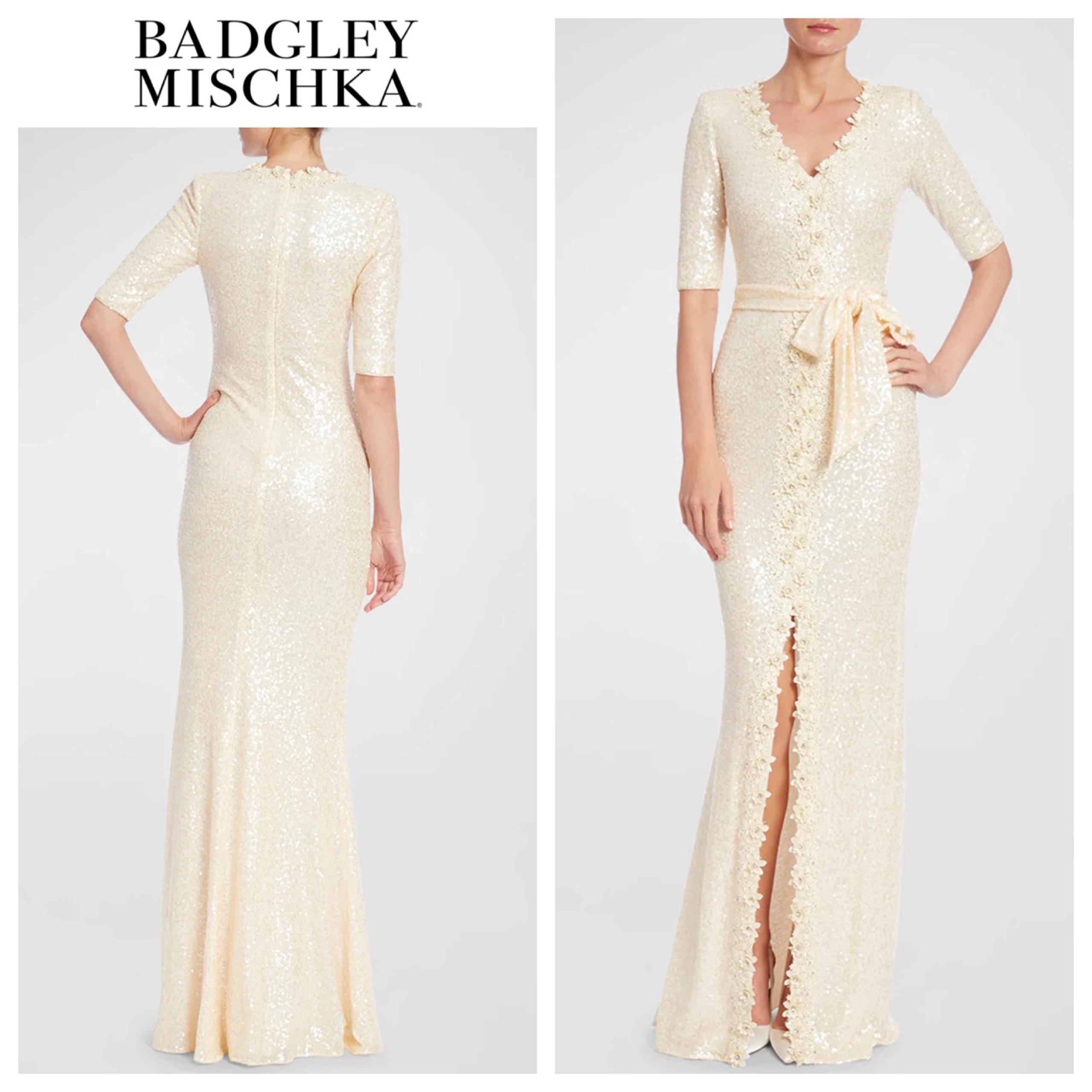 Badgley Mischka Sequined Evening Gown with Crystal Lace Trim