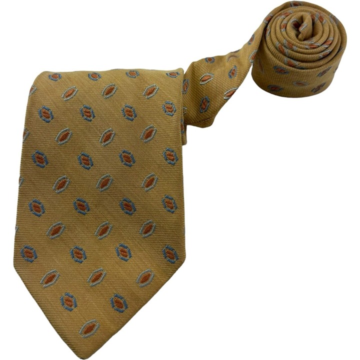 Ermenegildo Zegna Tan w/ Orange & Blue Embroidered Silk Cotton Tie Sz 3.5 W 59 L