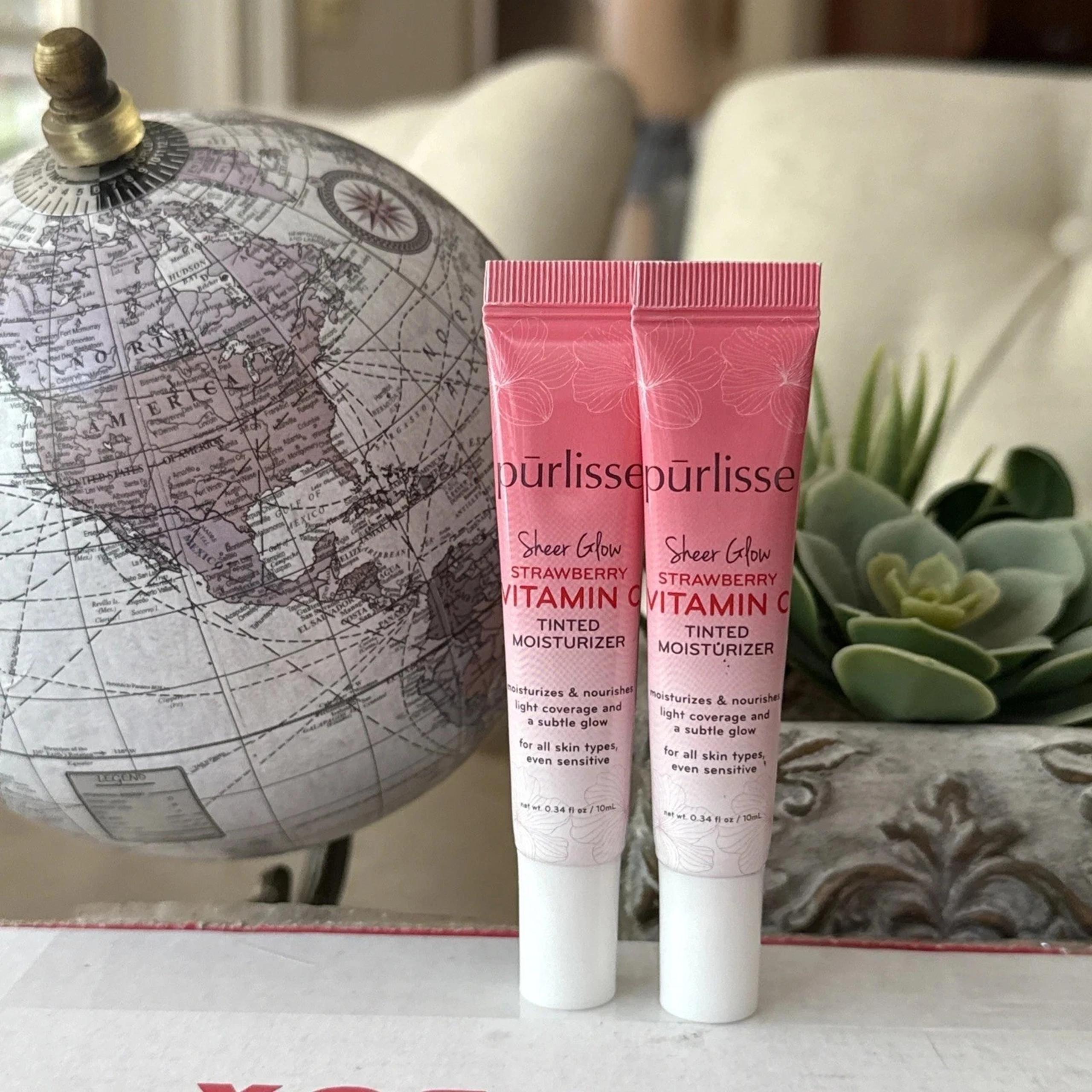 2 Purlisse Sheer Glow Strawberry Vitamin C Tinted Moisturizer ~ .34 Fl Oz TAN F1