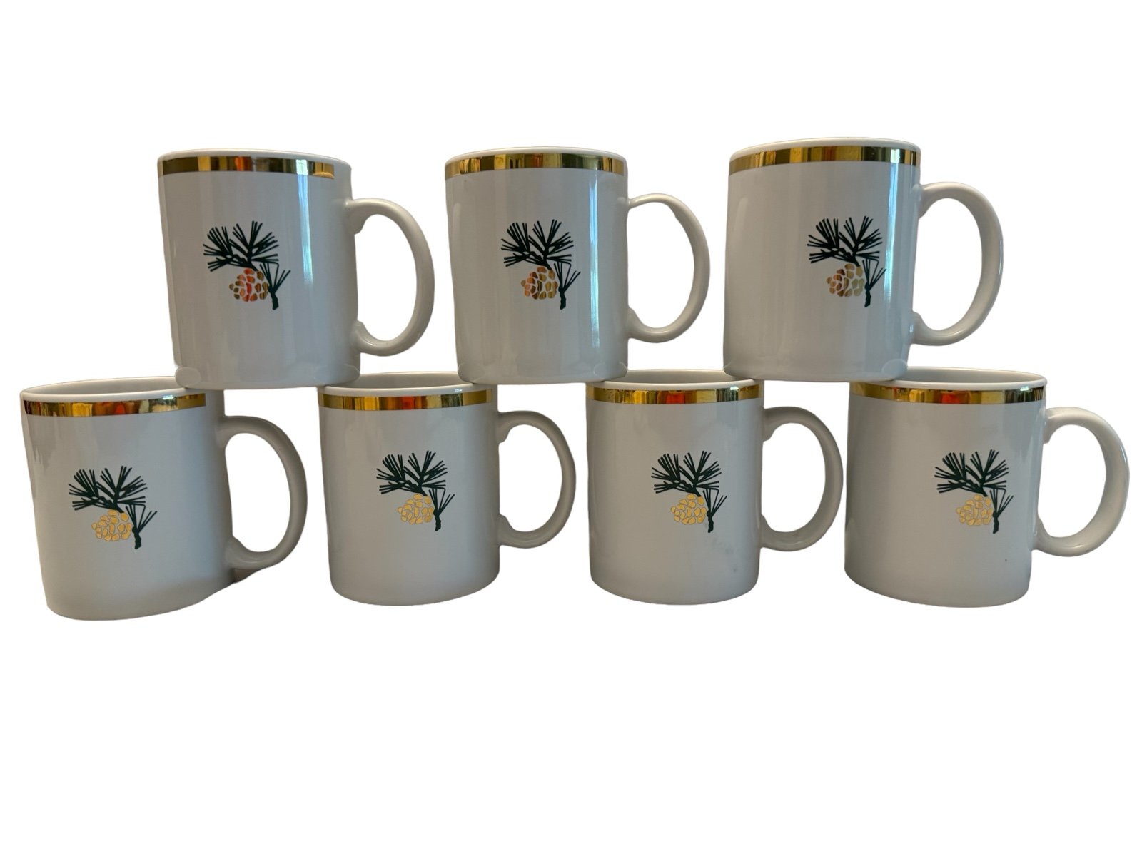 7 Eddie Bauer Home Pine Cone Green & Gold Trim Coffee Cups Holiday