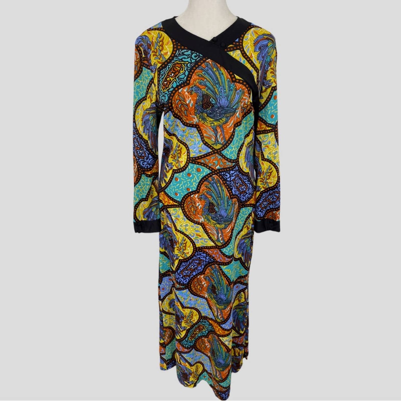 Vintage 70s Lorraine Multicolor Rooster Print Maxi Loungewear Dress Medium Small
