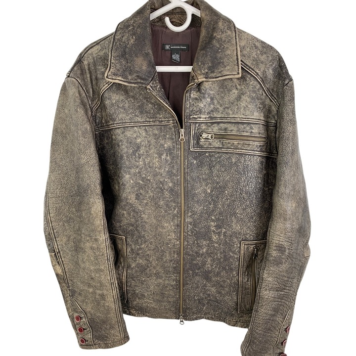 I.N.C. International Concepts Mens Large Distress Leather Jacket Zip Pockets