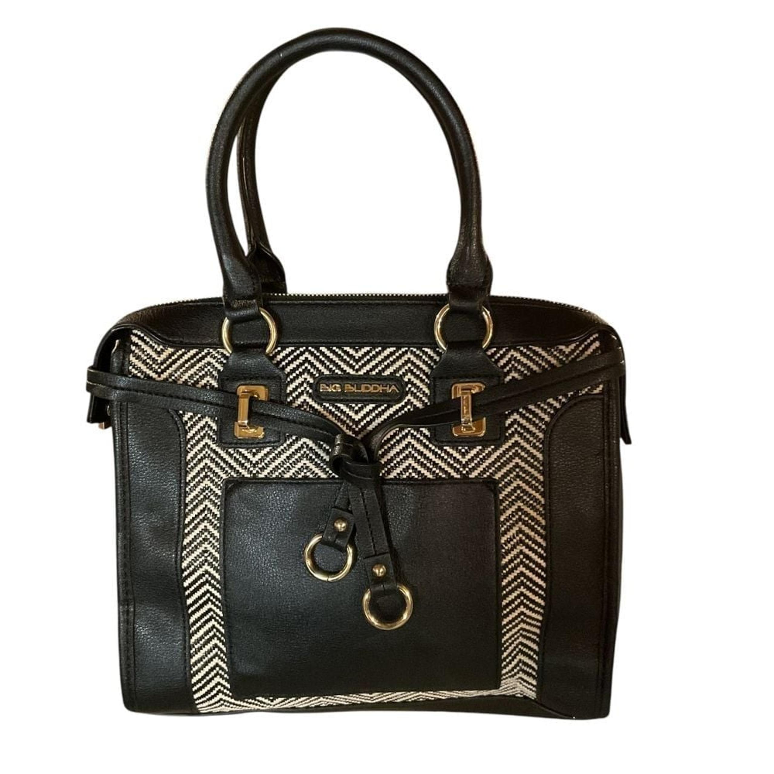 Big Buddha Chevron Pattern Straw Satchel Handbag Black White with Gold Accent