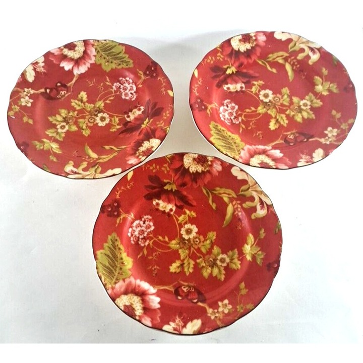 222 Fifth Small Salad Plates Lutece Set Of 3 Red Butterfly Floral Cottage 9