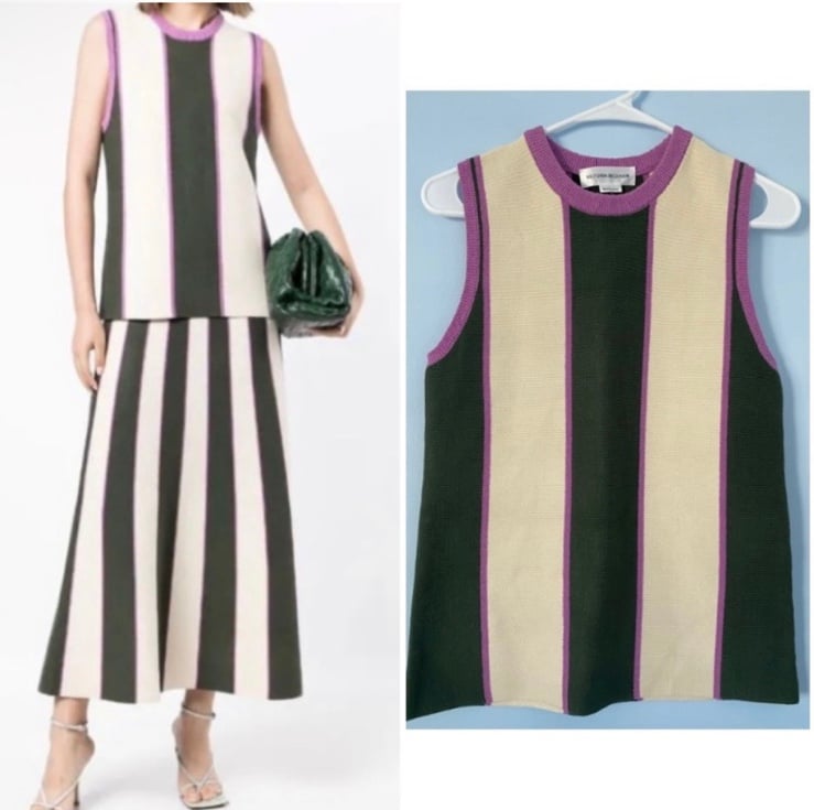 Victoria Beckham Green Cream Pink Striped Sweater vest top