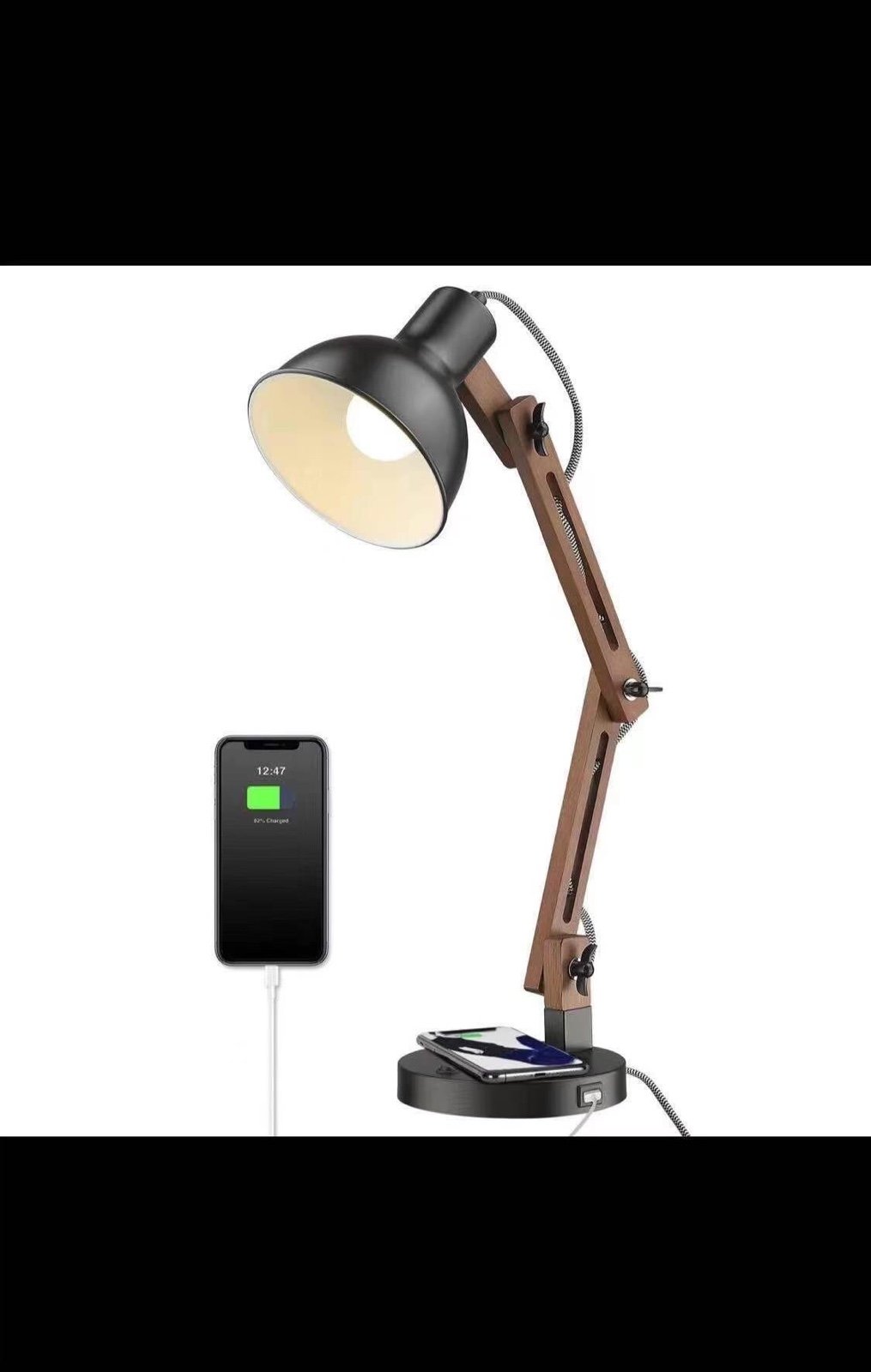 Modern Swing Arm Desk Lamp with Wireless Charging & USB Port - Wood Bedside