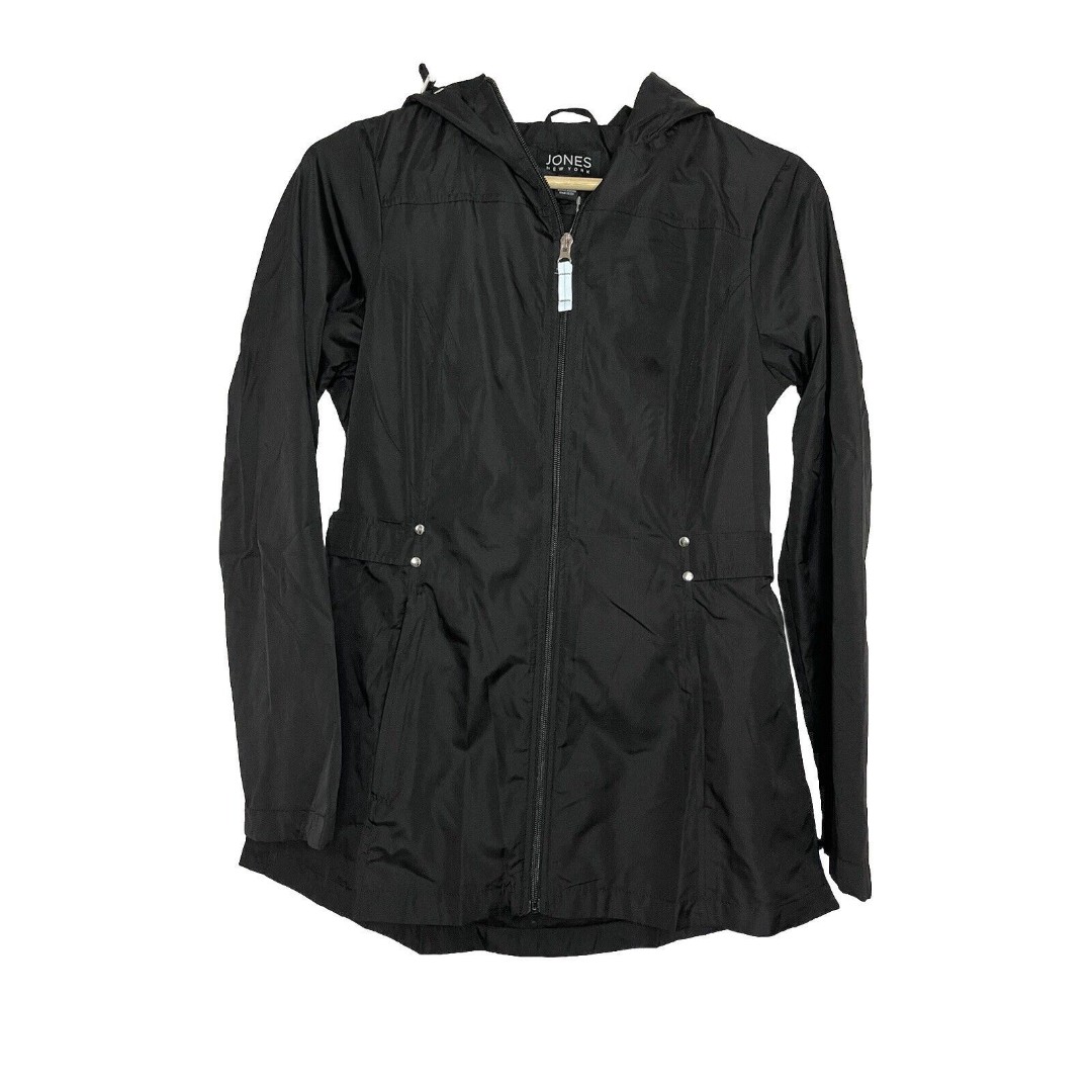 Jones New York Black Hooded Windbreaker Womens XS Pockets Lightweight Zip Up NWT
