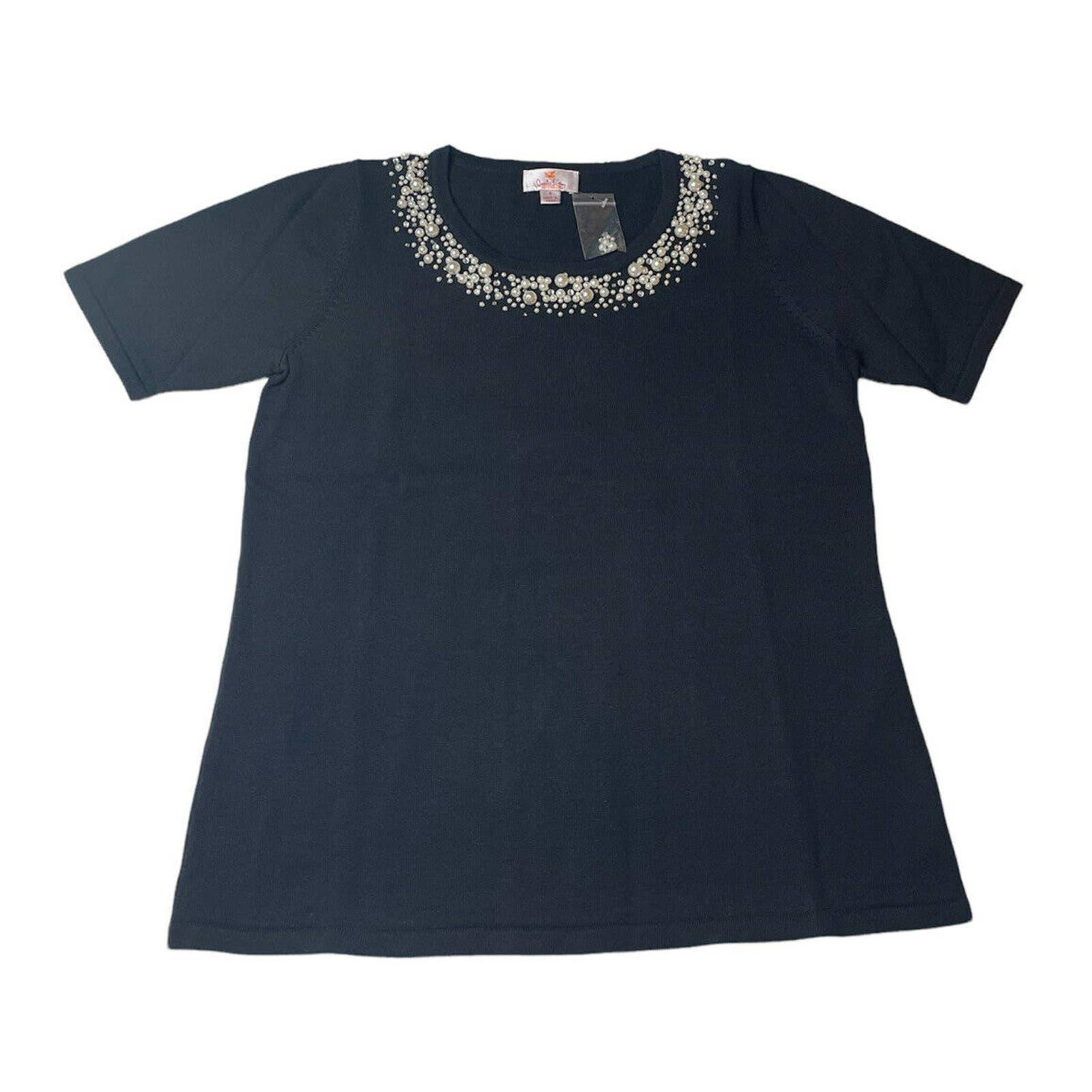 NEW Womens Quacker Factory Faux Pearl Embellished Black Short Sleeve Sweater S
