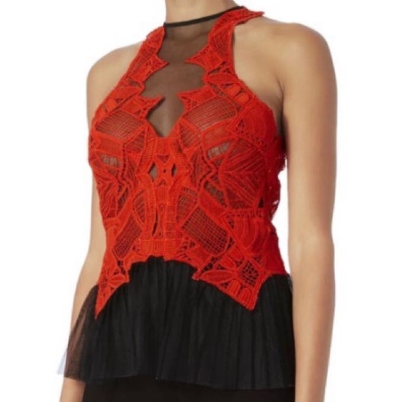 Jonathan Simkhai Top size 2 Red Tulle Lace Peplum Top Glam Retro Club Night Out