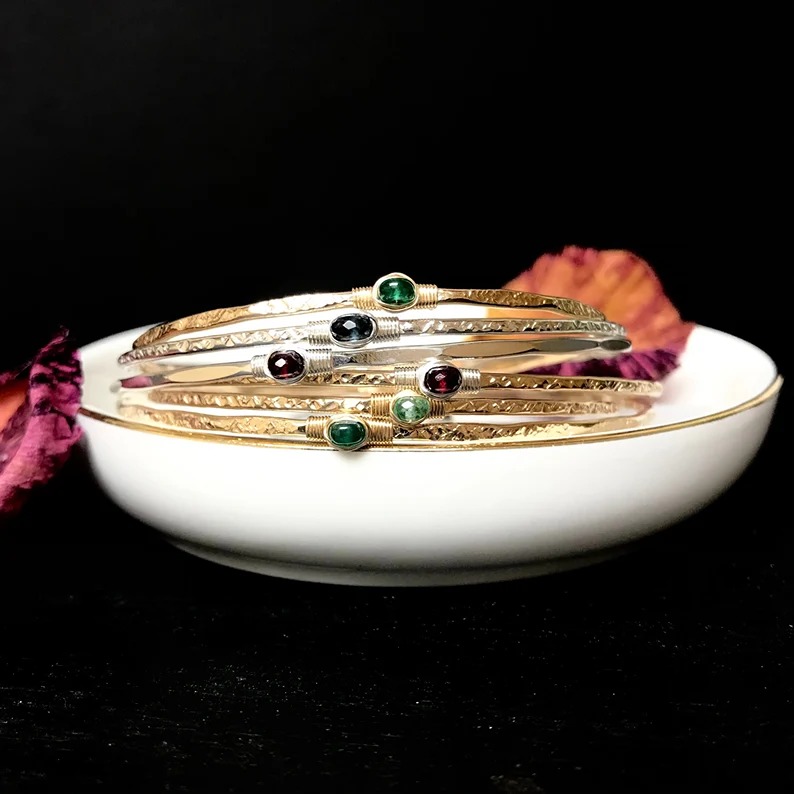 Custom Birthstone Signature Bangle | Mothers Gemstone Bracelet | Anniversary Bir