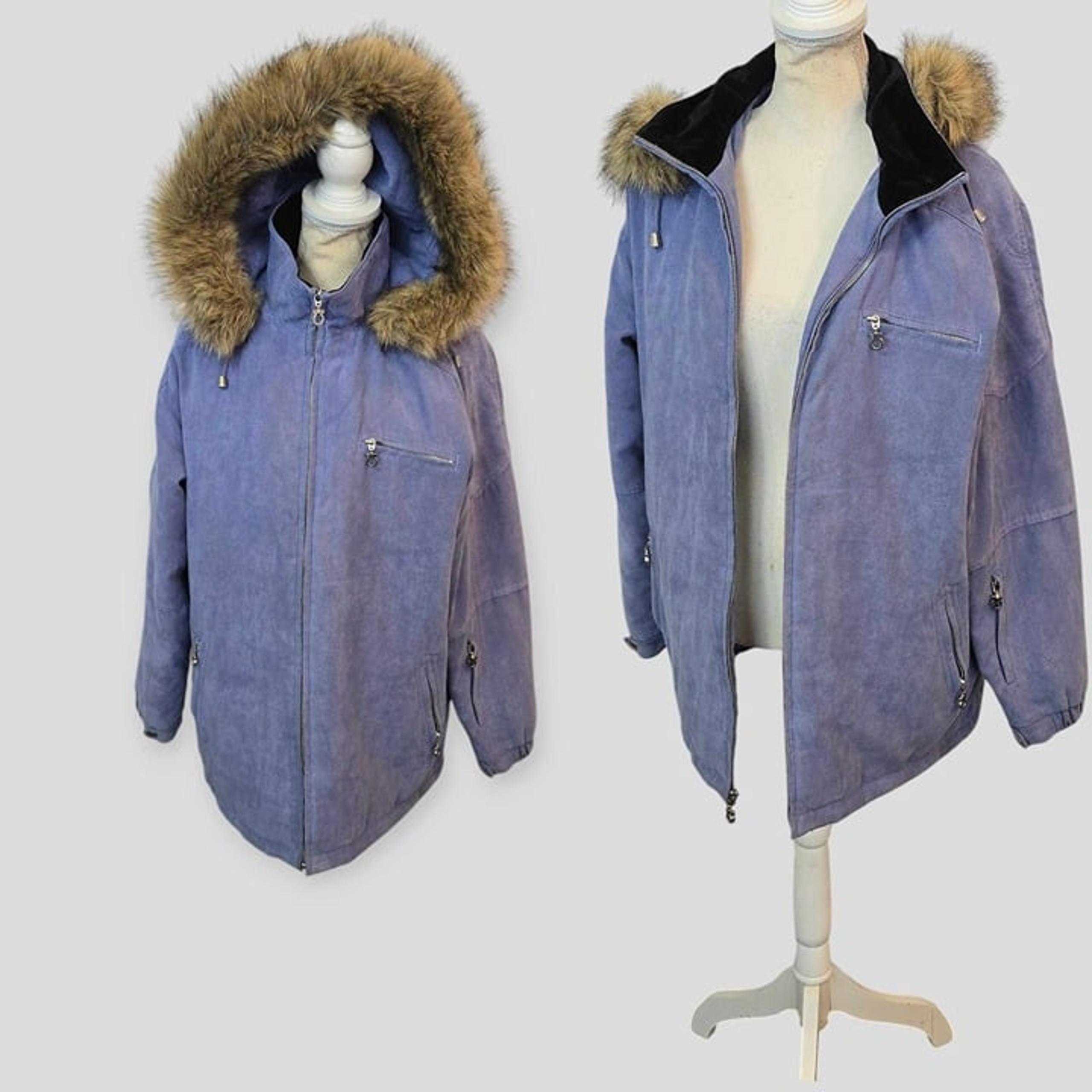 Vintage Weather Tamer Women's LIght Blue Fur Hooded Suede Parka Coat Jacket M