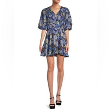 NWT Rachel Parcell Floral Linen Blend V-Neck Puff Sleeve Mini Dress Size 16