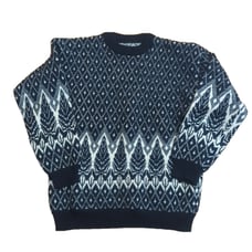 Vintage Nordic Fair Isle Wool Heavyweight Sweater Medium Black Cream trees