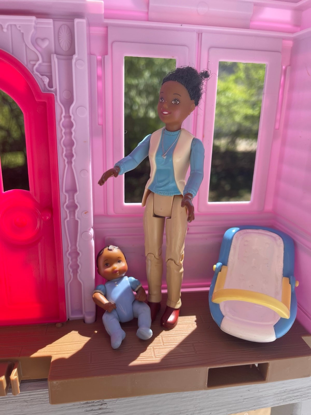 African American loving family baby & mom with carrier lot fisher price