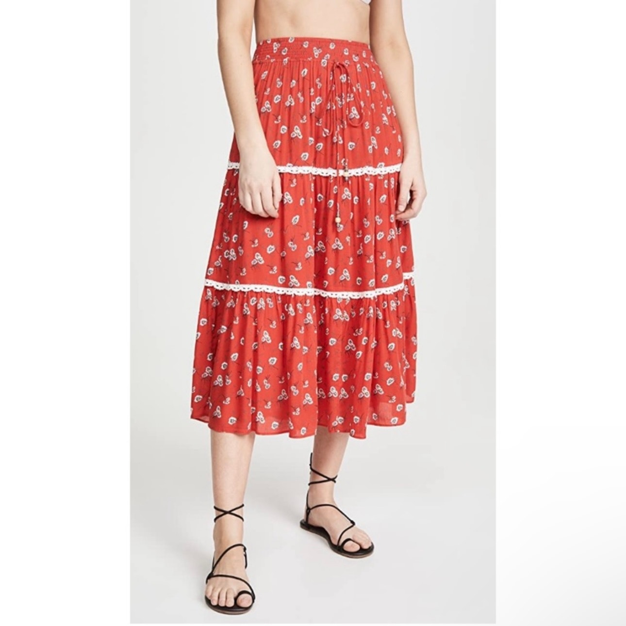 Playa Lucila Floral Lace Tiered Midi Skirt in Red Size XS Lightweight Boho Chic