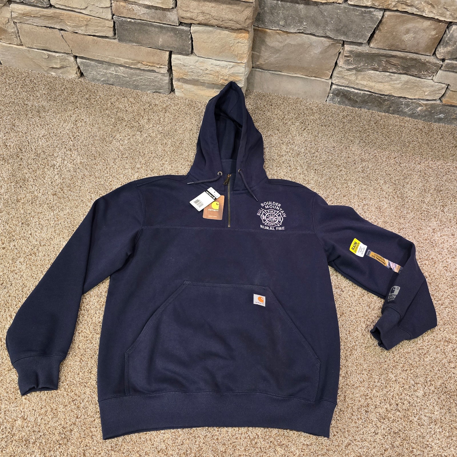 Carhartt 100617-472 Men's Navy Rain Defender Hooded Sweatshirt Sz L Embroidered